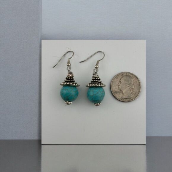 Turquoise Wagnerite Antique Silver Tone Earrings Surgical Steel Hooks - Picture 3 of 7